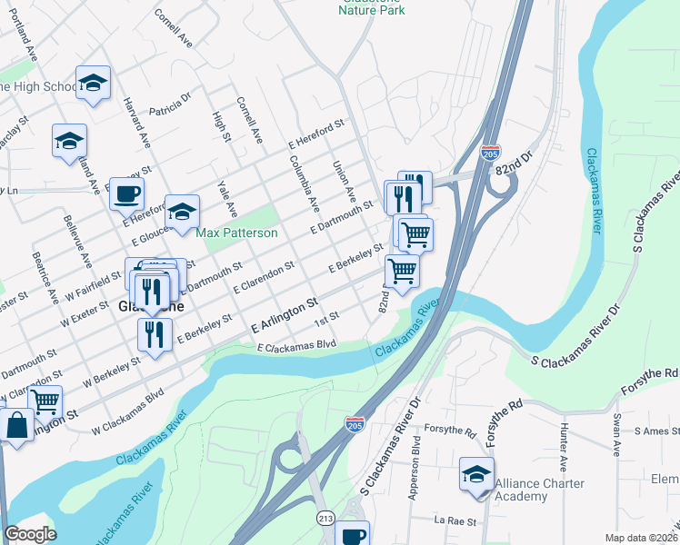 map of restaurants, bars, coffee shops, grocery stores, and more near 550 East Arlington Street in Gladstone