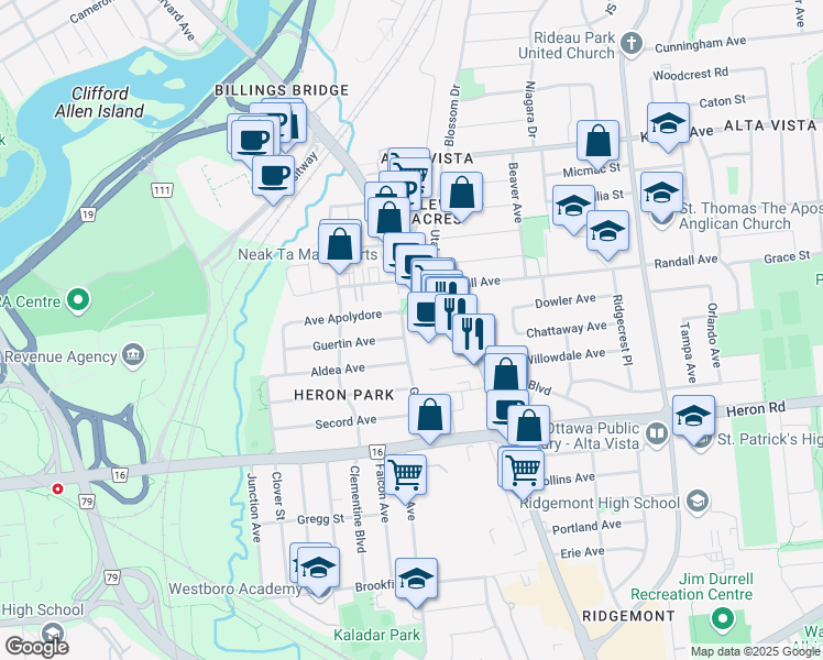 map of restaurants, bars, coffee shops, grocery stores, and more near 535-1500 Bank Street in Ottawa