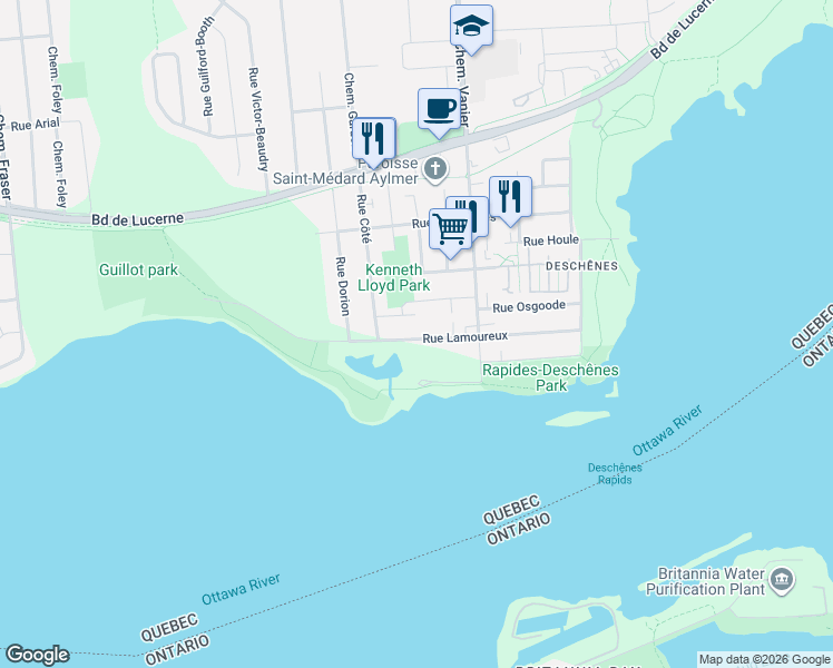 map of restaurants, bars, coffee shops, grocery stores, and more near 58 Rue Lamoureux in Gatineau