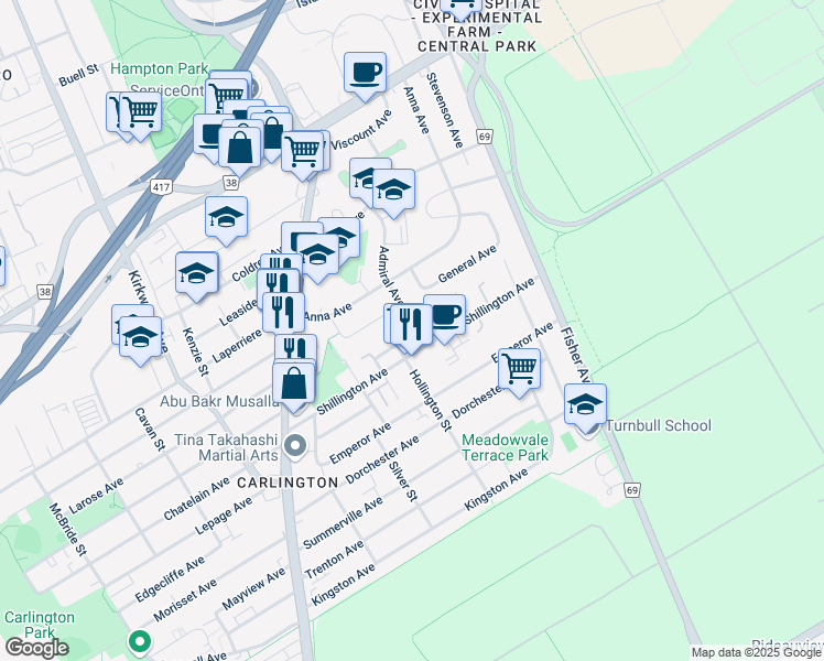 map of restaurants, bars, coffee shops, grocery stores, and more near 974 Admiral Avenue in Ottawa