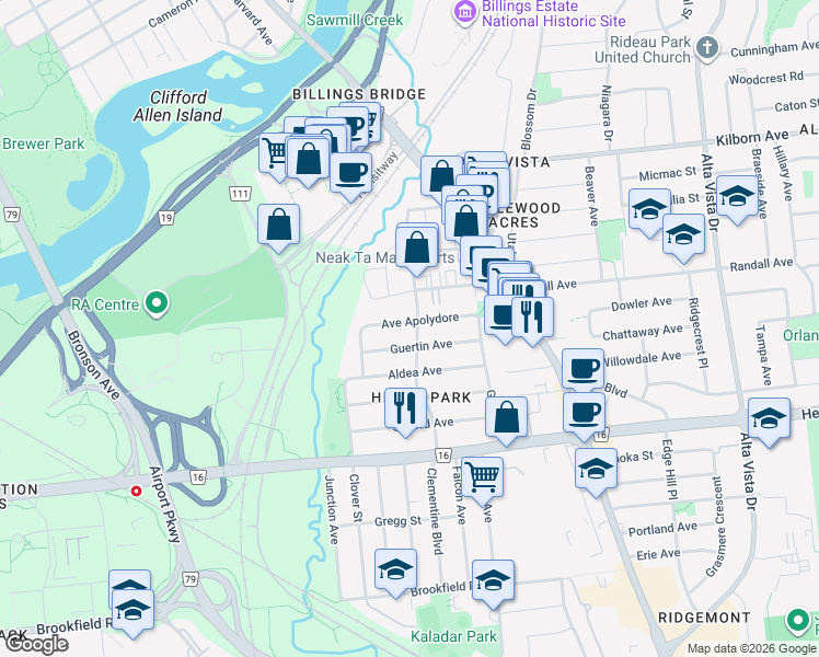 map of restaurants, bars, coffee shops, grocery stores, and more near 1086 Apolydor Avenue in Ottawa
