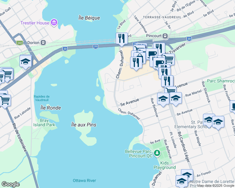 map of restaurants, bars, coffee shops, grocery stores, and more near 111 Chemin Duhamel in Pincourt