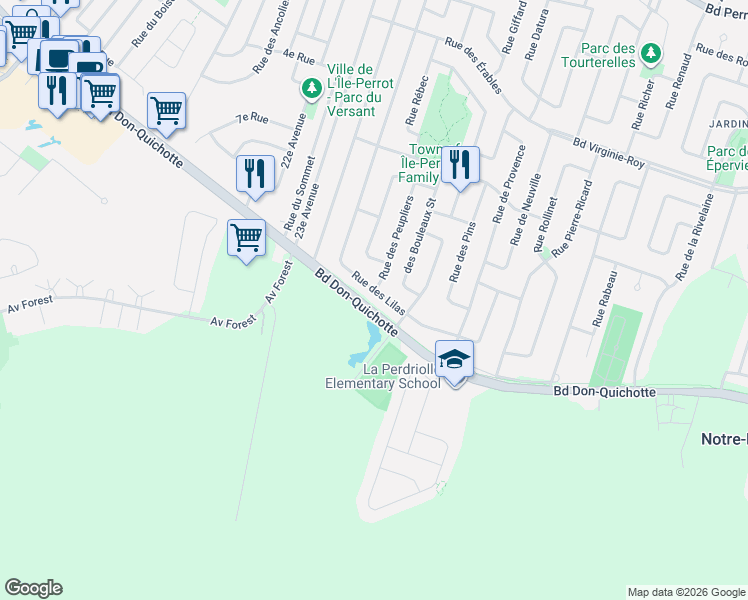 map of restaurants, bars, coffee shops, grocery stores, and more near 30 Rue des Lilas in L'Île-Perrot