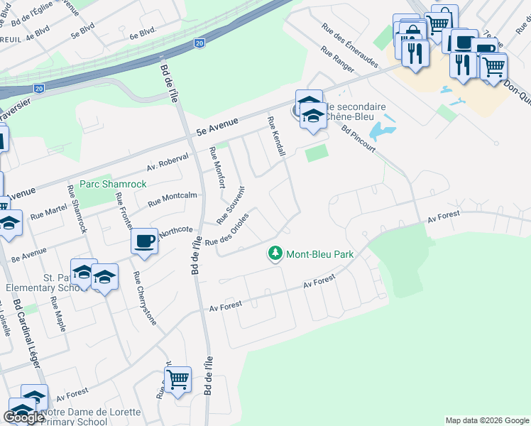 map of restaurants, bars, coffee shops, grocery stores, and more near 410 Rue des Merles in Pincourt