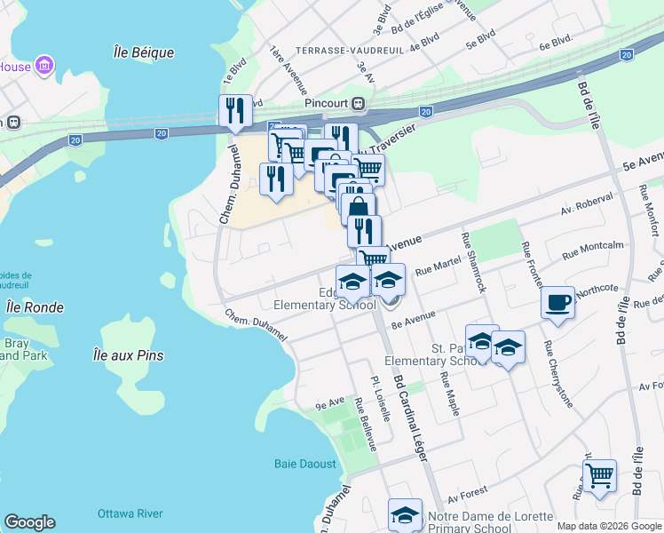 map of restaurants, bars, coffee shops, grocery stores, and more near 97 5e Avenue in Pincourt