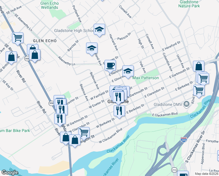 map of restaurants, bars, coffee shops, grocery stores, and more near 155 West Fairfield Street in Gladstone