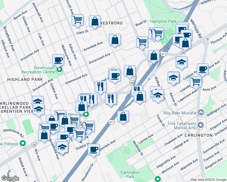 map of restaurants, bars, coffee shops, grocery stores, and more near in Ottawa