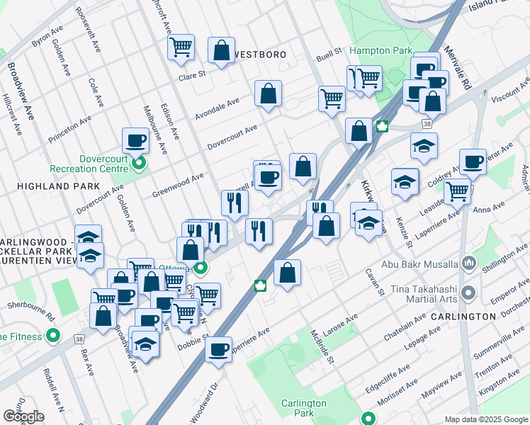 map of restaurants, bars, coffee shops, grocery stores, and more near 1565 Carling Avenue in Ottawa