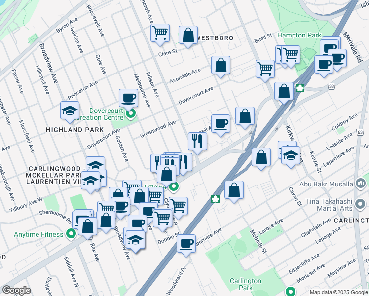 map of restaurants, bars, coffee shops, grocery stores, and more near 709 Edison Avenue in Ottawa