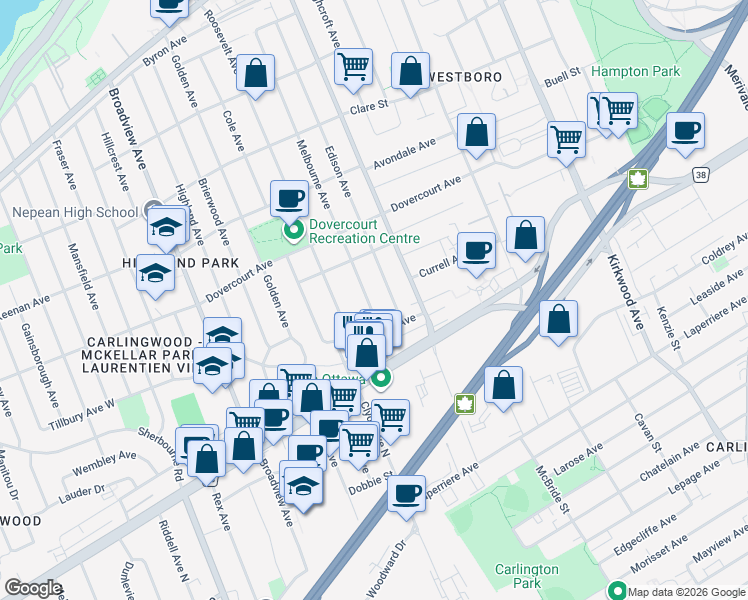 map of restaurants, bars, coffee shops, grocery stores, and more near 703 Melbourne Avenue in Ottawa