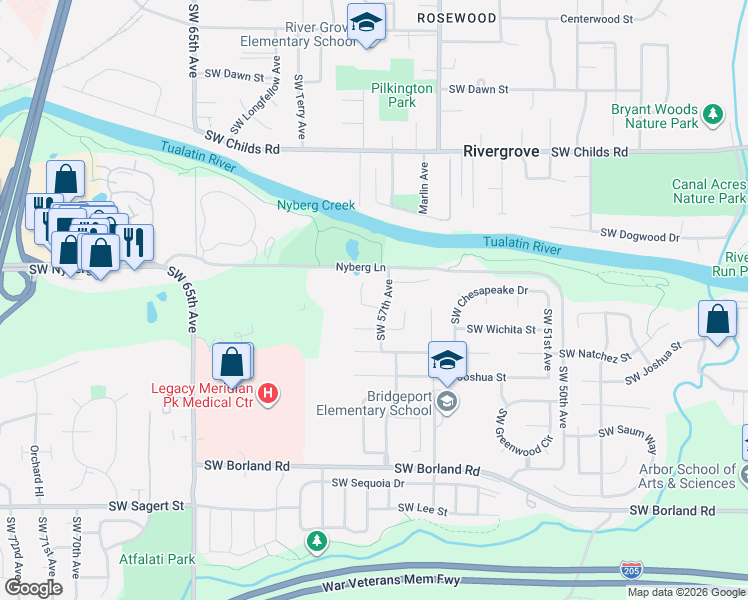 map of restaurants, bars, coffee shops, grocery stores, and more near 5725 Southwest Wichita Street in Tualatin