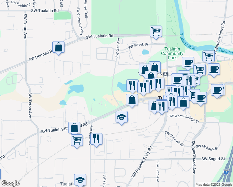 map of restaurants, bars, coffee shops, grocery stores, and more near 19185 Southwest 90th Avenue in Tualatin