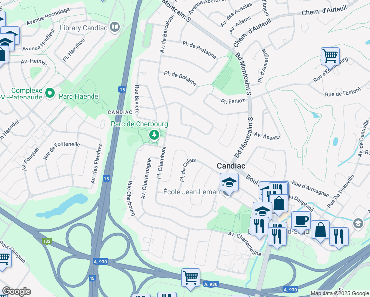 map of restaurants, bars, coffee shops, grocery stores, and more near 5 Avenue Calvin in Candiac