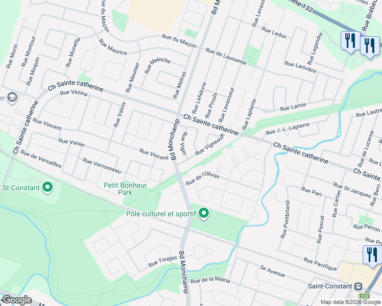map of restaurants, bars, coffee shops, grocery stores, and more near 31 Rue Vigneault in Saint-Constant