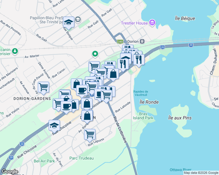 map of restaurants, bars, coffee shops, grocery stores, and more near 220 Boulevard Harwood in Vaudreuil-Dorion