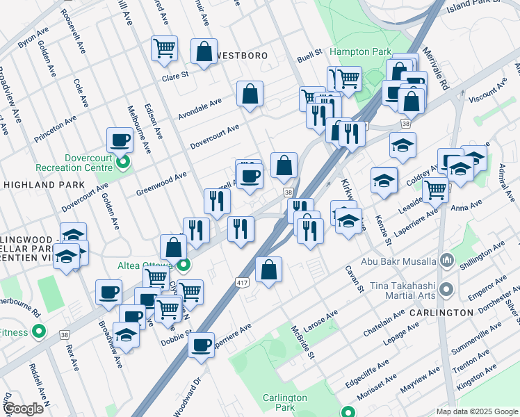 map of restaurants, bars, coffee shops, grocery stores, and more near 1545 Carling Avenue in Ottawa