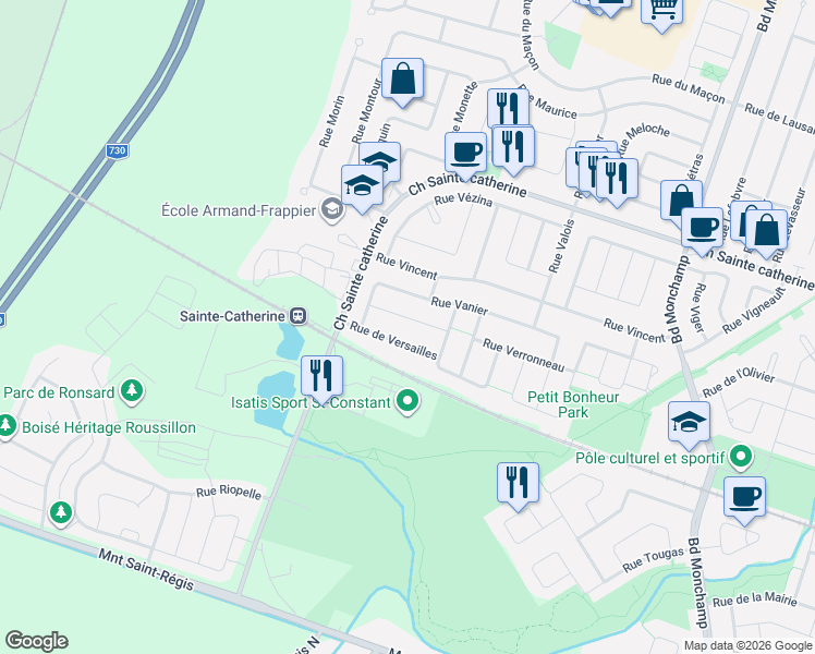 map of restaurants, bars, coffee shops, grocery stores, and more near 50 Rue Veilleux in Saint-Constant