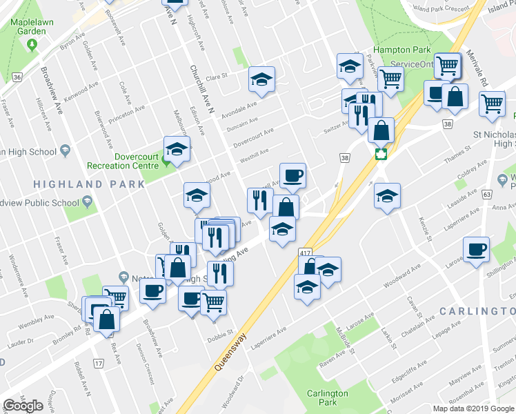 map of restaurants, bars, coffee shops, grocery stores, and more near 314 Currell Avenue in Ottawa
