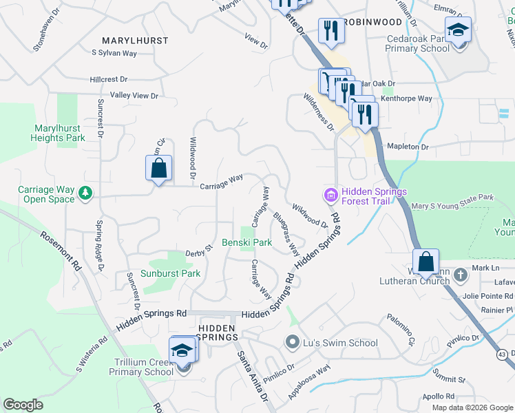 map of restaurants, bars, coffee shops, grocery stores, and more near 2907 Carriage Way in West Linn