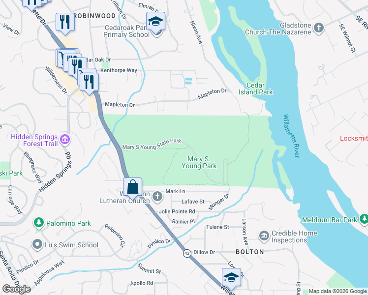 map of restaurants, bars, coffee shops, grocery stores, and more near 19900 Willamette Drive in West Linn