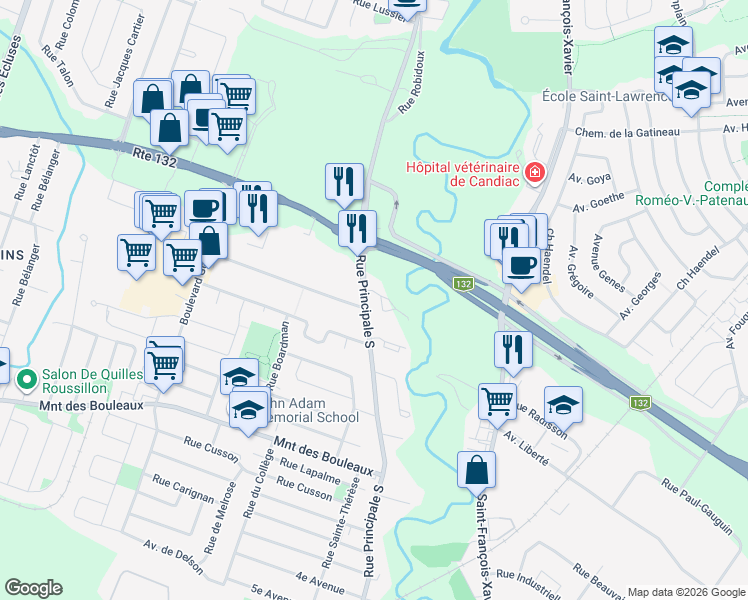 map of restaurants, bars, coffee shops, grocery stores, and more near 8 Rue Principale Sud in Delson