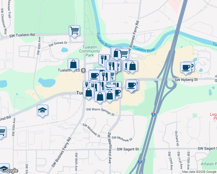 map of restaurants, bars, coffee shops, grocery stores, and more near 8185 Southwest Tualatin-Sherwood Road in Tualatin