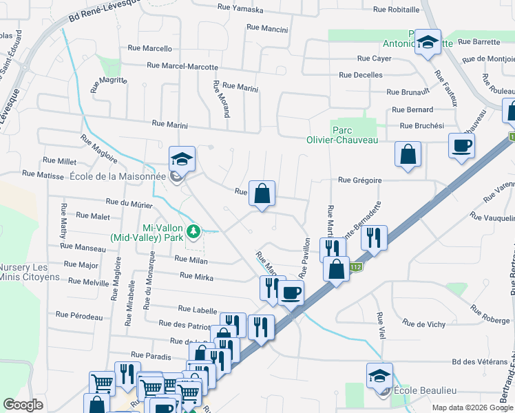 map of restaurants, bars, coffee shops, grocery stores, and more near 4238 Rue Pavillon in Sherbrooke