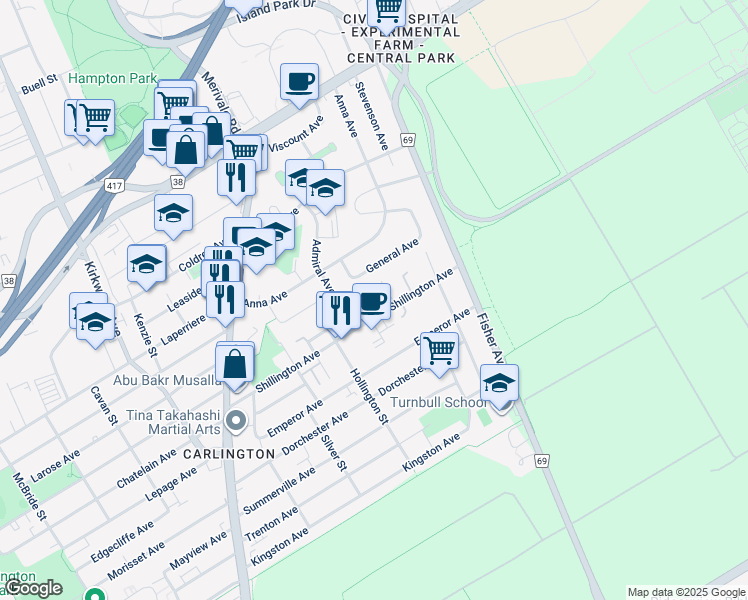 map of restaurants, bars, coffee shops, grocery stores, and more near 224 General Avenue in Ottawa