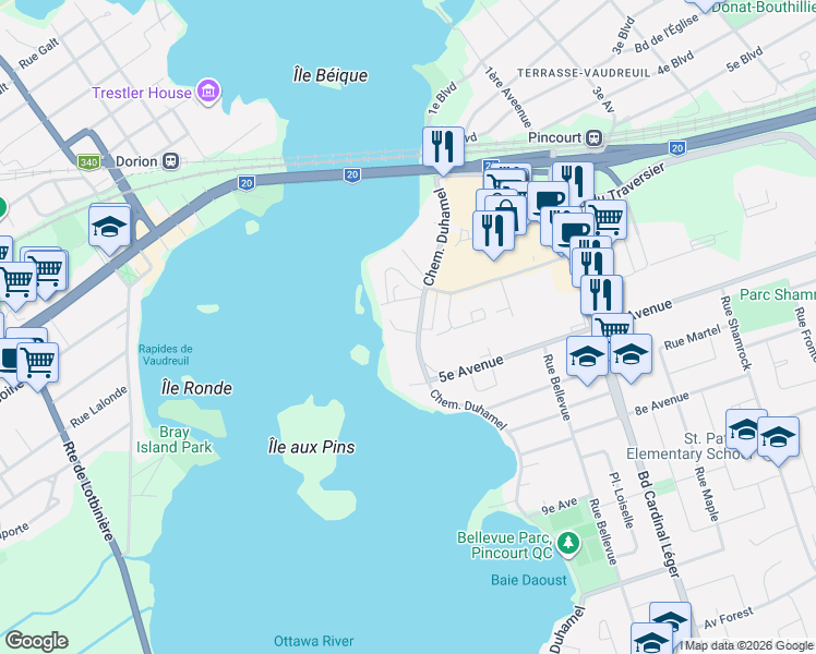 map of restaurants, bars, coffee shops, grocery stores, and more near 104 Chemin Duhamel in Pincourt