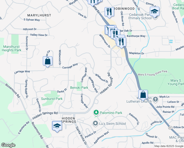 map of restaurants, bars, coffee shops, grocery stores, and more near 19772 Wildwood Drive in West Linn