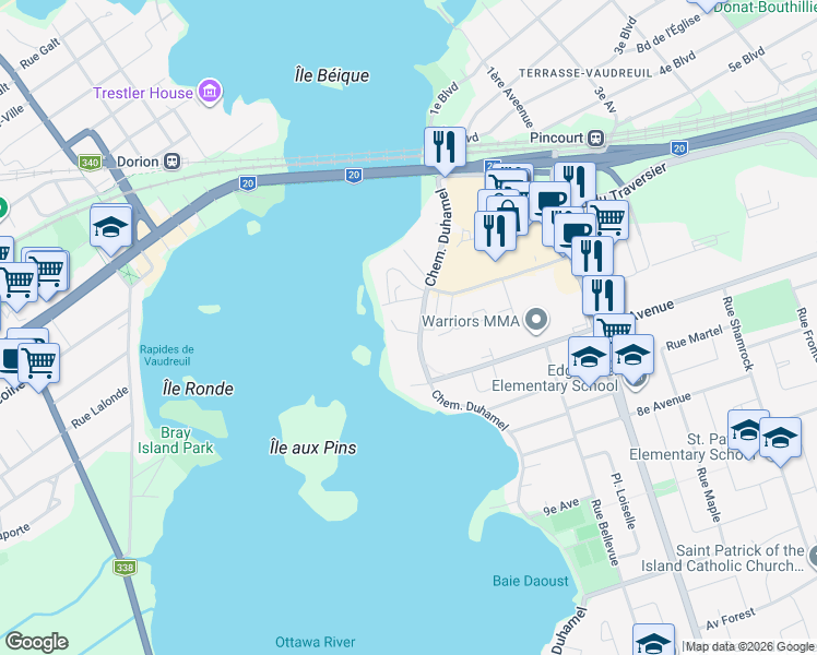 map of restaurants, bars, coffee shops, grocery stores, and more near 104 Chemin Duhamel in Pincourt