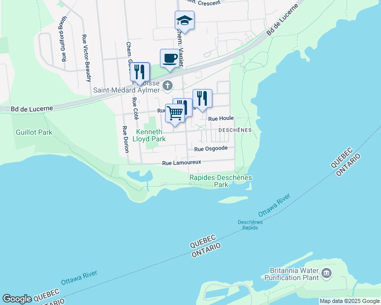map of restaurants, bars, coffee shops, grocery stores, and more near 29 Chemin Vanier in Gatineau