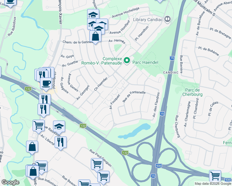 map of restaurants, bars, coffee shops, grocery stores, and more near 34 Avenue Fouquet in Candiac