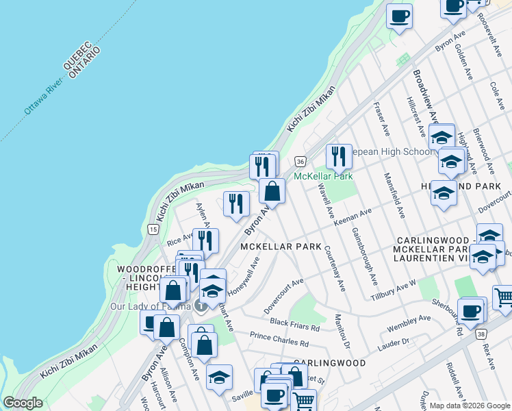 map of restaurants, bars, coffee shops, grocery stores, and more near 75 Cleary Avenue in Ottawa