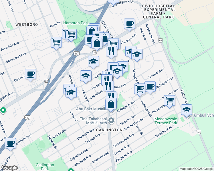 map of restaurants, bars, coffee shops, grocery stores, and more near in Ottawa