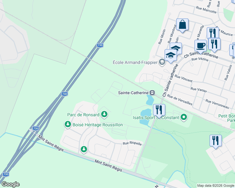 map of restaurants, bars, coffee shops, grocery stores, and more near 812 Rue Renoir in Saint-Constant