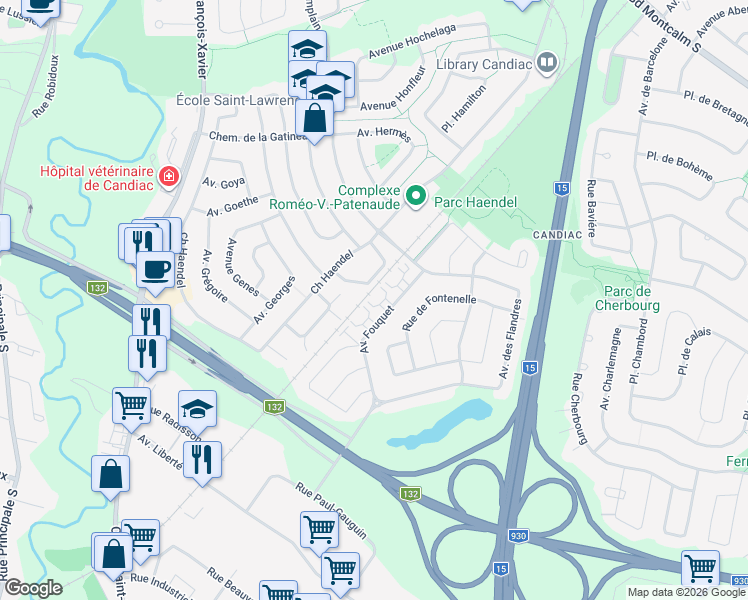 map of restaurants, bars, coffee shops, grocery stores, and more near 34 Avenue Fouquet in Candiac