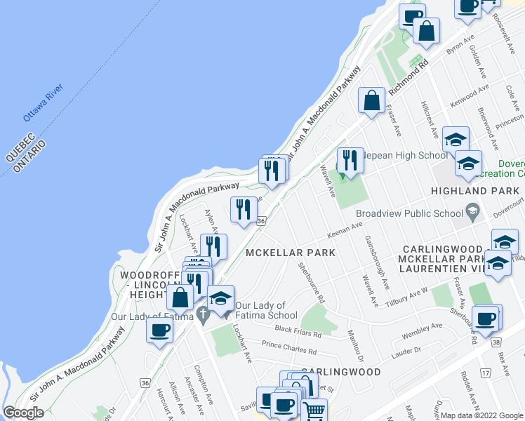 map of restaurants, bars, coffee shops, grocery stores, and more near in Ottawa