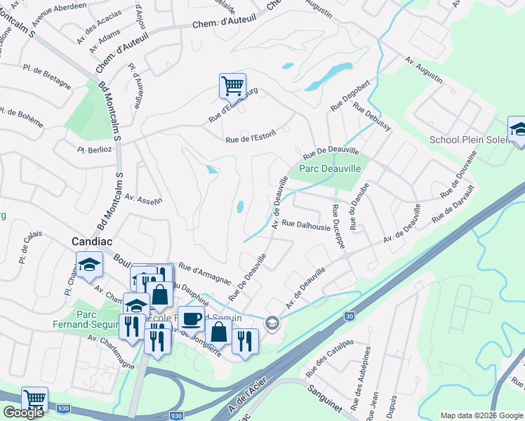 map of restaurants, bars, coffee shops, grocery stores, and more near 7 Rue Duchâtel in Candiac