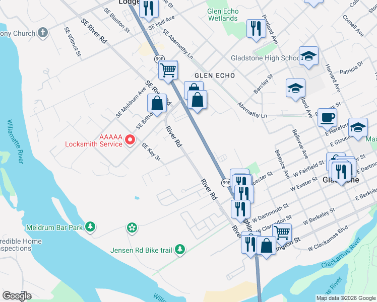 map of restaurants, bars, coffee shops, grocery stores, and more near 19335 Southeast McLoughlin Boulevard in Gladstone
