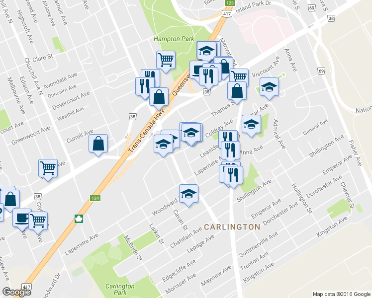 map of restaurants, bars, coffee shops, grocery stores, and more near Coldrey Avenue in Ottawa
