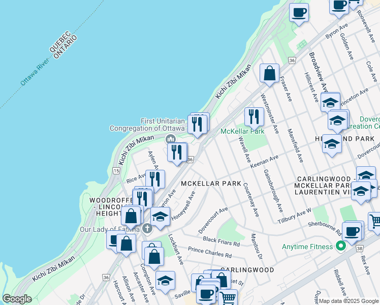 map of restaurants, bars, coffee shops, grocery stores, and more near in Ottawa