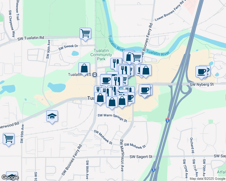map of restaurants, bars, coffee shops, grocery stores, and more near 8294 Southwest Nyberg Street in Tualatin