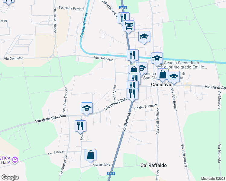 map of restaurants, bars, coffee shops, grocery stores, and more near Via Arcole in Verona