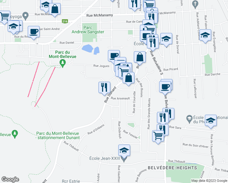 map of restaurants, bars, coffee shops, grocery stores, and more near 1650 Rue Dunant in Sherbrooke