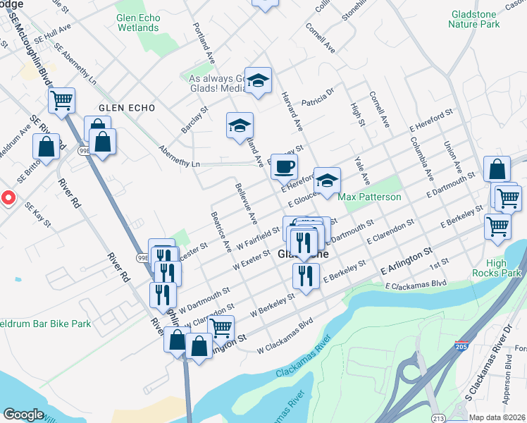 map of restaurants, bars, coffee shops, grocery stores, and more near 150 West Gloucester Street in Gladstone