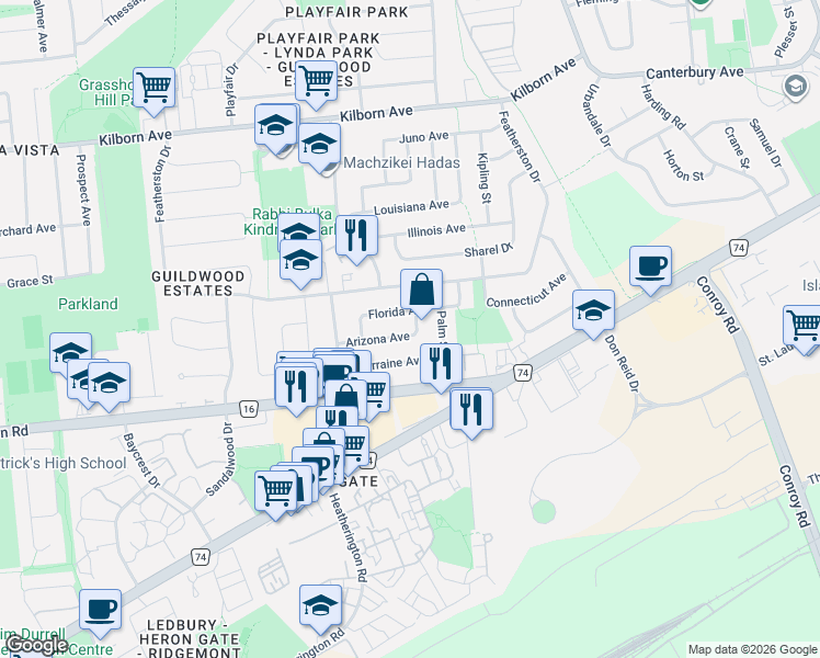 map of restaurants, bars, coffee shops, grocery stores, and more near 1865 Arizona Avenue in Ottawa