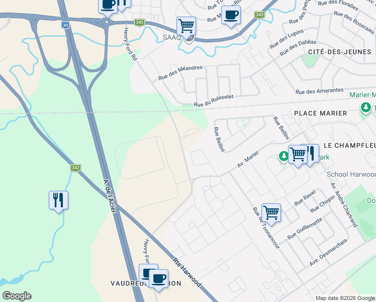 map of restaurants, bars, coffee shops, grocery stores, and more near 176 Rue Eve-Cournoyer in Vaudreuil-Dorion