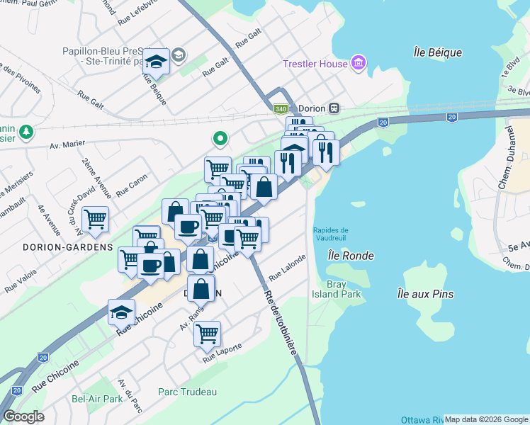 map of restaurants, bars, coffee shops, grocery stores, and more near 200 Boulevard Harwood in Vaudreuil-Dorion