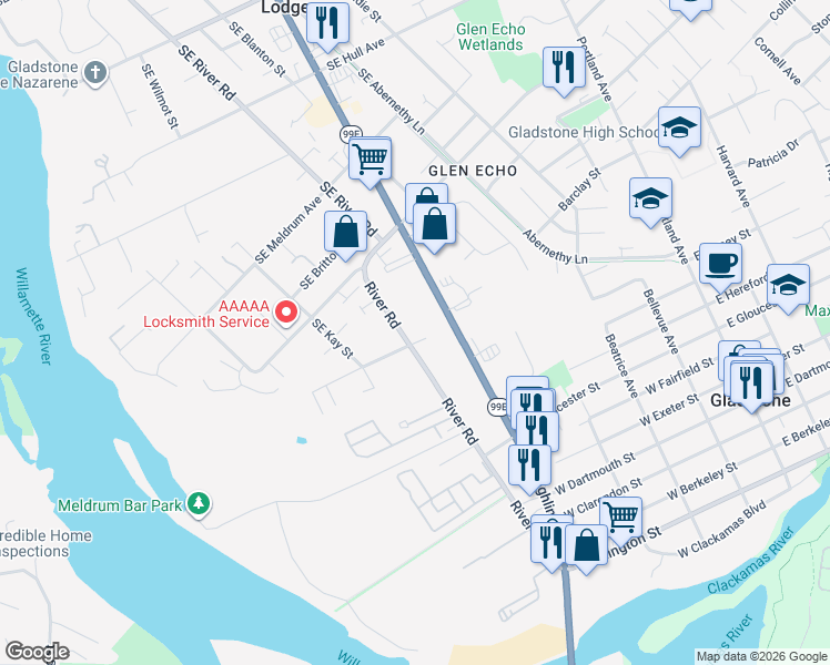map of restaurants, bars, coffee shops, grocery stores, and more near 19335 Southeast McLoughlin Boulevard in Gladstone